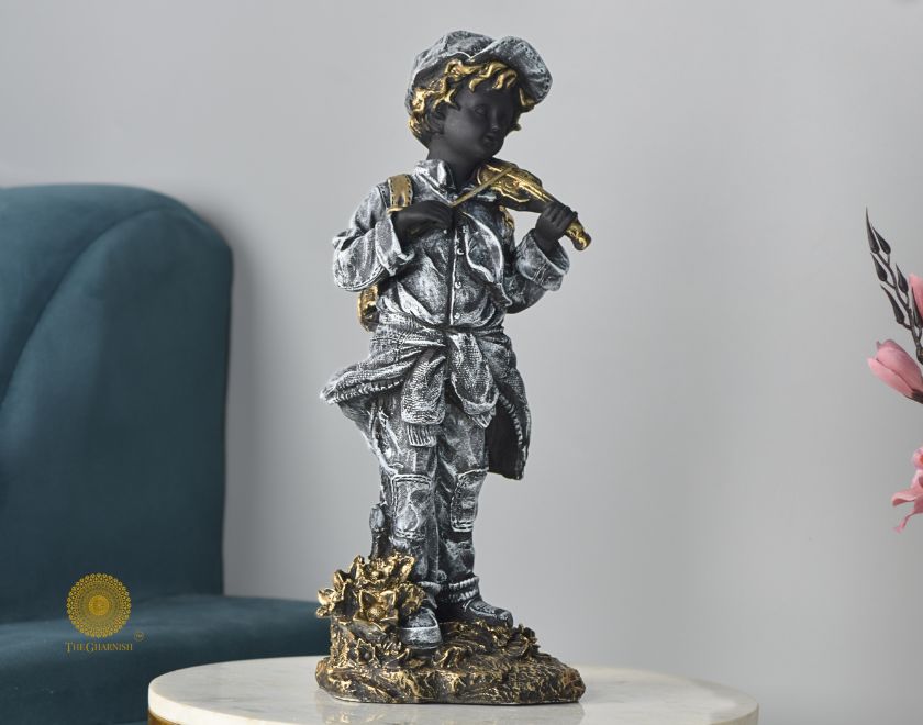 Ancient Antique Violin Boy Statue by The Gharnish, abstract figurine, 6x17 inches, detailed sculpture of a boy playing violin.