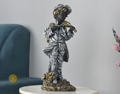 Ancient Antique Violin Boy Statue by The Gharnish, abstract figurine, 6x17 inches, detailed sculpture of a boy playing violin.