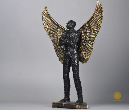 Abstract figurine of a flying wings man statue by The Gharnish, limited edition metal sculpture with intricate details.