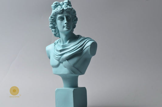 Sky-blue Greek God figurine with Roman face, abstract design, 7x14 inches by The Gharnish.