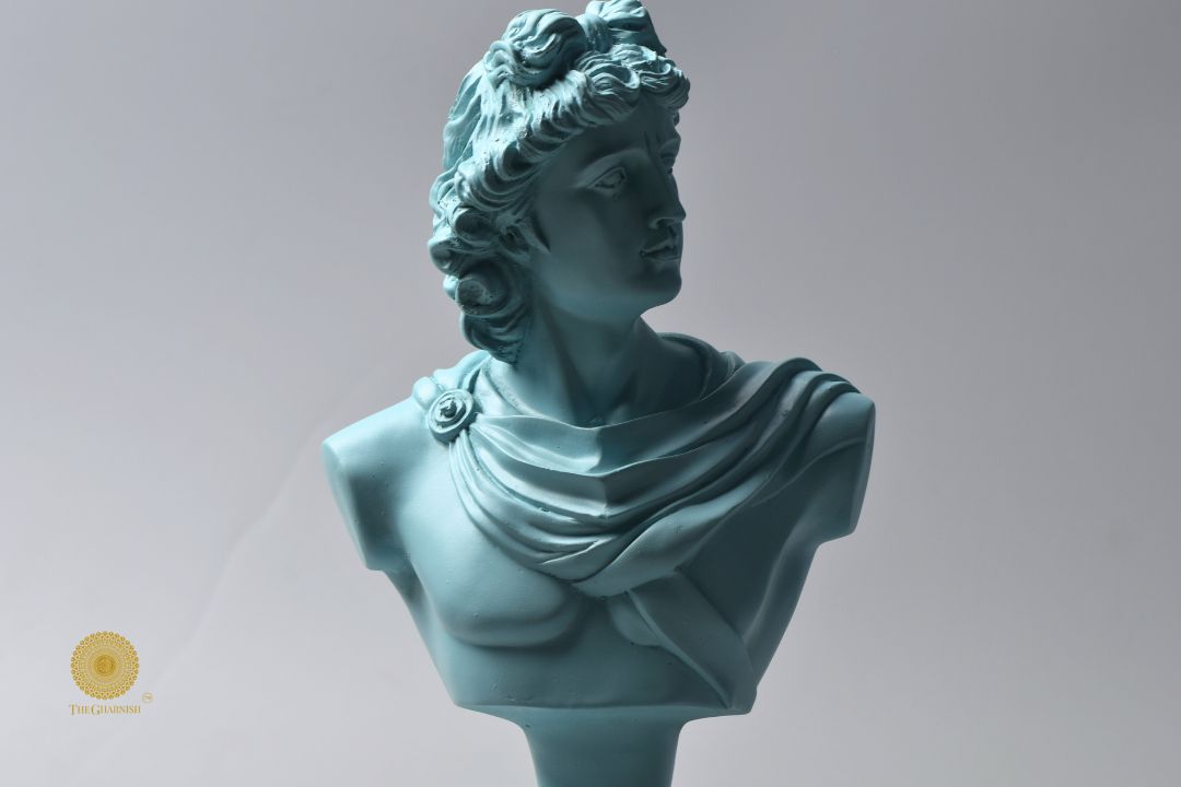 Sky blue Greek god figurine with Roman face, abstract design, 7x14 inches, by The Gharnish.