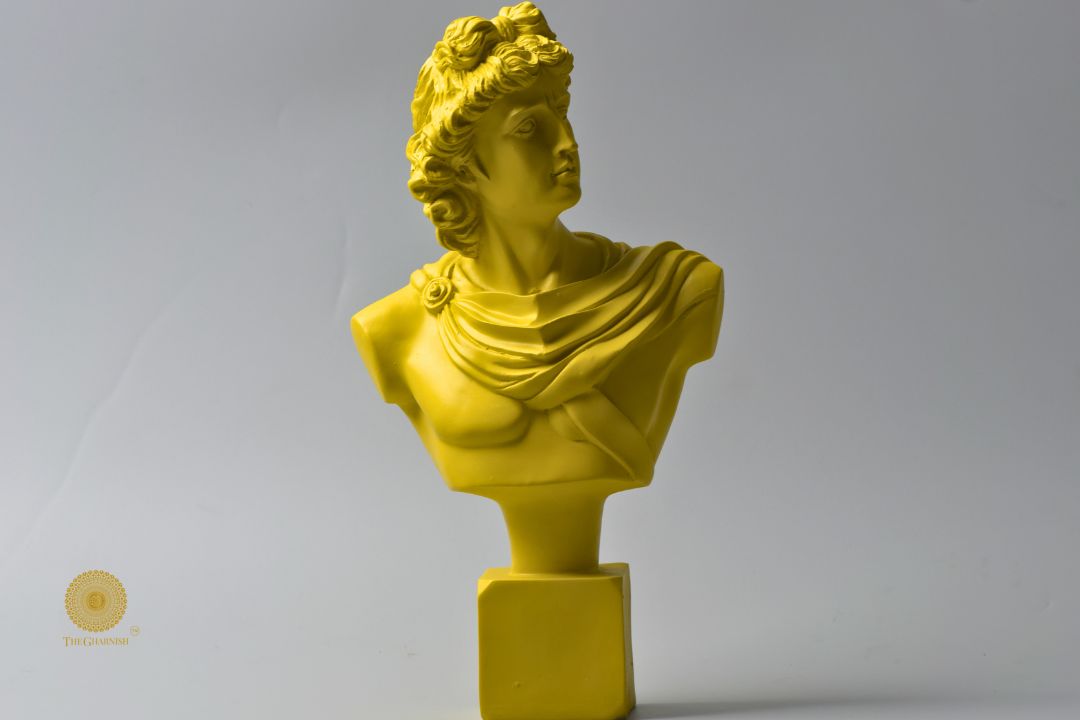 Sky-blue Greek god figurine with Roman face, abstract design, 7x14 inches by The Gharnish, detailed sculpture art.