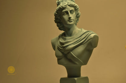 Sky-blue Greek God figurine with Roman face design, abstract style, 7x14 inches, by The Gharnish.