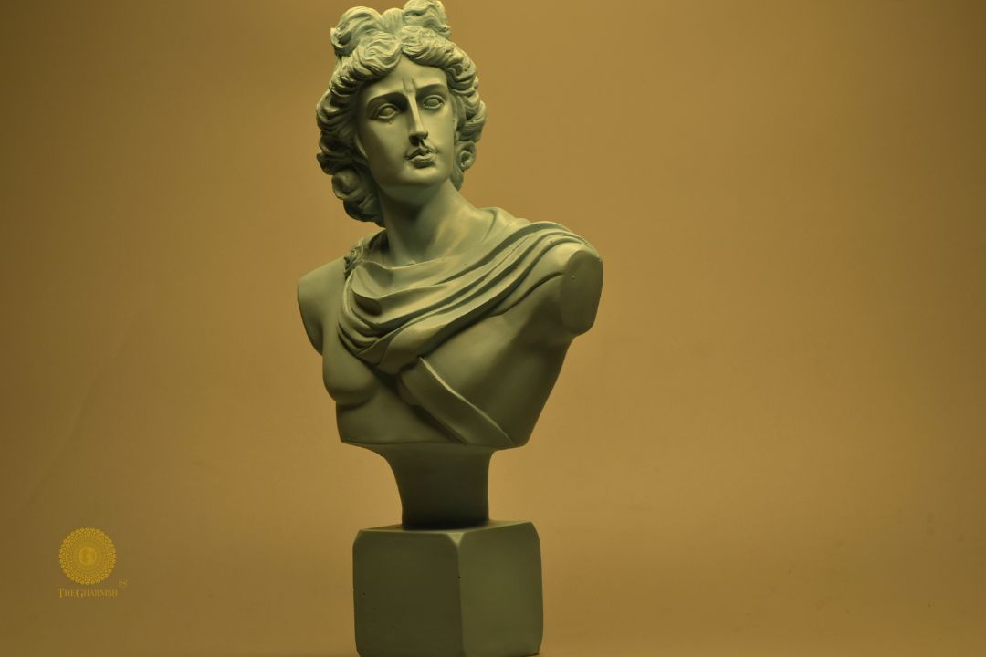 Sky-blue Greek god figurine with Roman face, 7x14 inches, abstract design by The Gharnish.