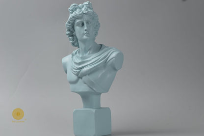 Sky-blue Greek god figurine with Roman face, abstract design, 7x14 inches, by The Gharnish.