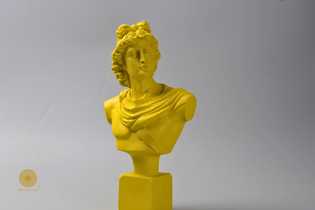 Sky blue Greek god figurine with Roman face, abstract design, 7x14 inches by The Gharnish, detailed sculpture.