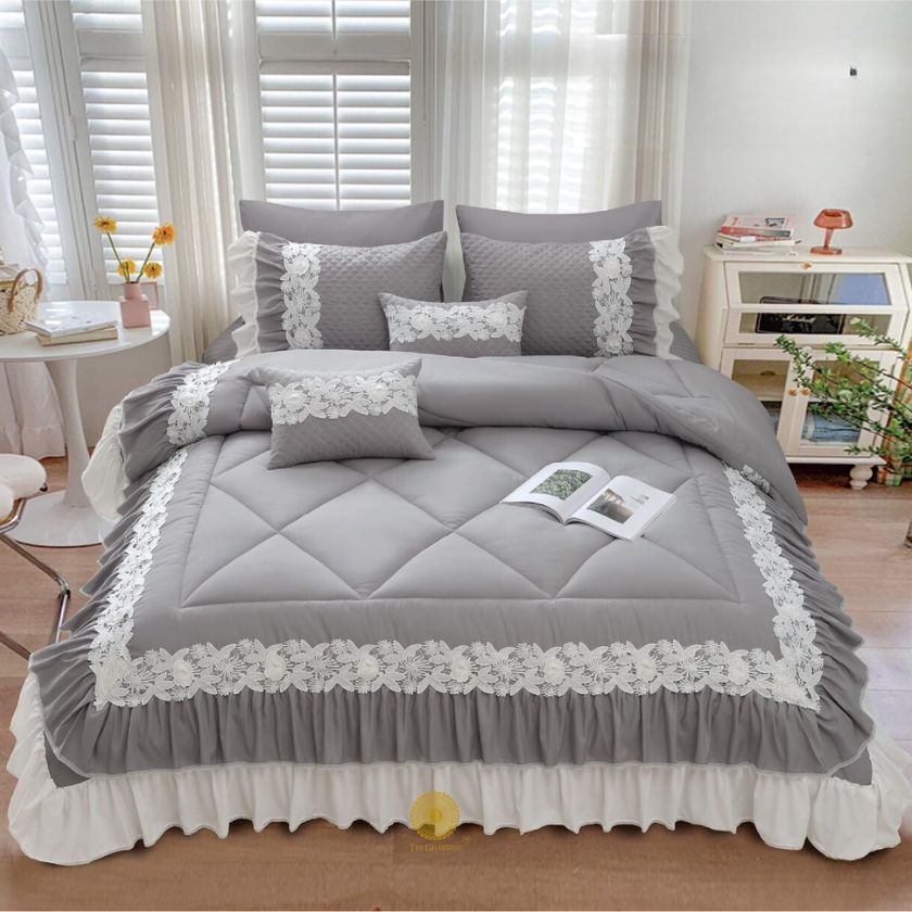 Gray Zayna Premium Quality Bedding Set by The Gharnish, 6-piece imported bedding with soft, luxurious fabric and matching pillowcases.