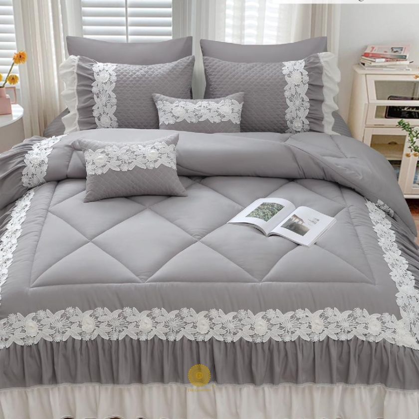 Grey Zayna premium bedding set by The Gharnish, 6-piece imported bedding with soft fabric and elegant design.