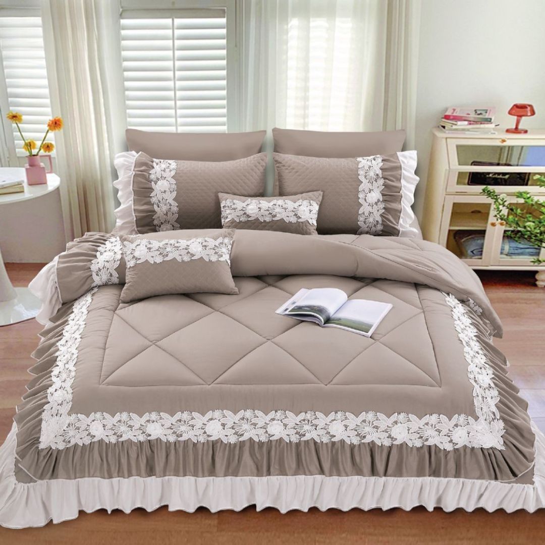 Grey Zayna Premium Quality Bedding Set by The Gharnish, 6-piece imported bedding set with soft, plush fabric and elegant design.