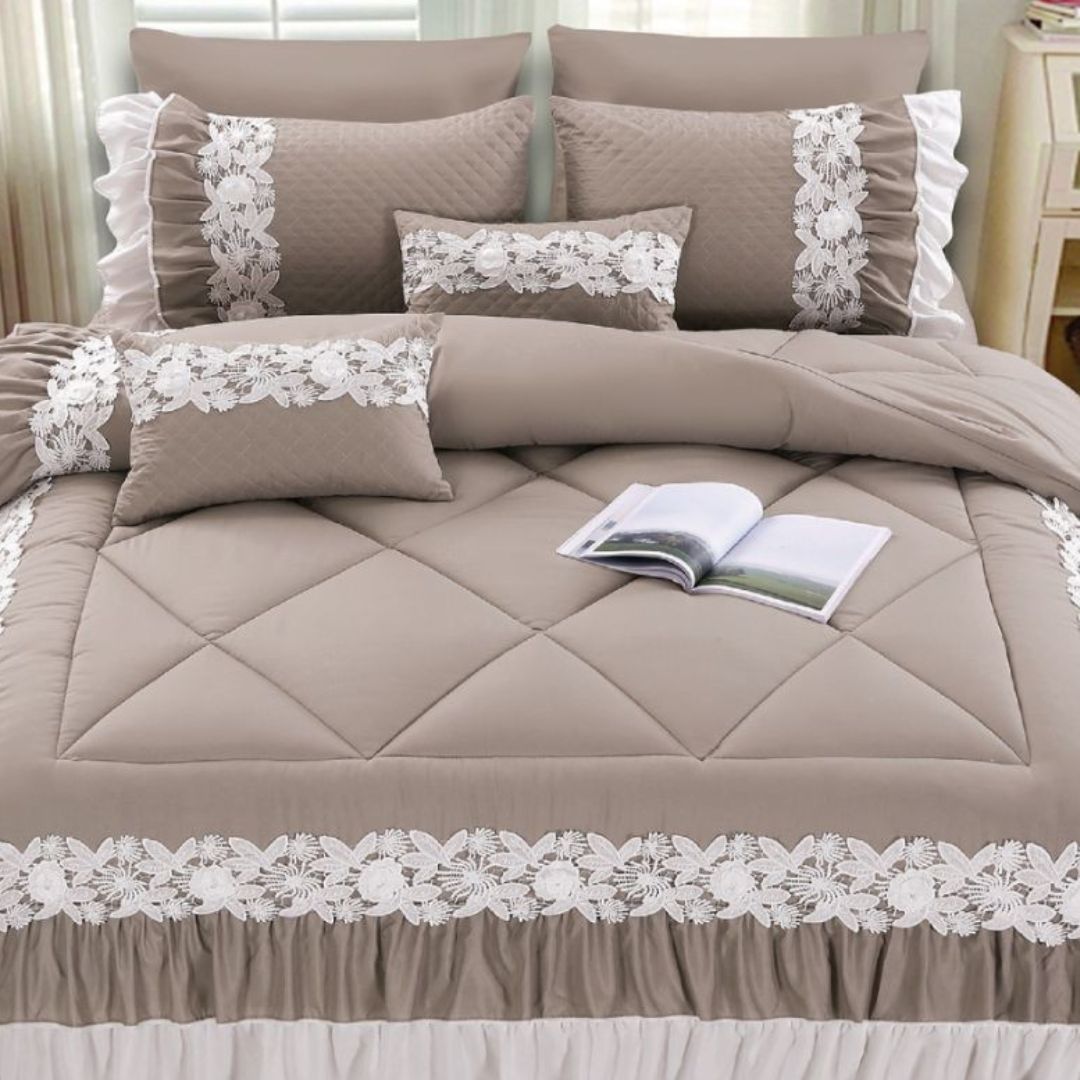 Grey Zayna premium bedding set by The Gharnish, 6-piece imported bedding set with soft, luxurious fabric and elegant design.