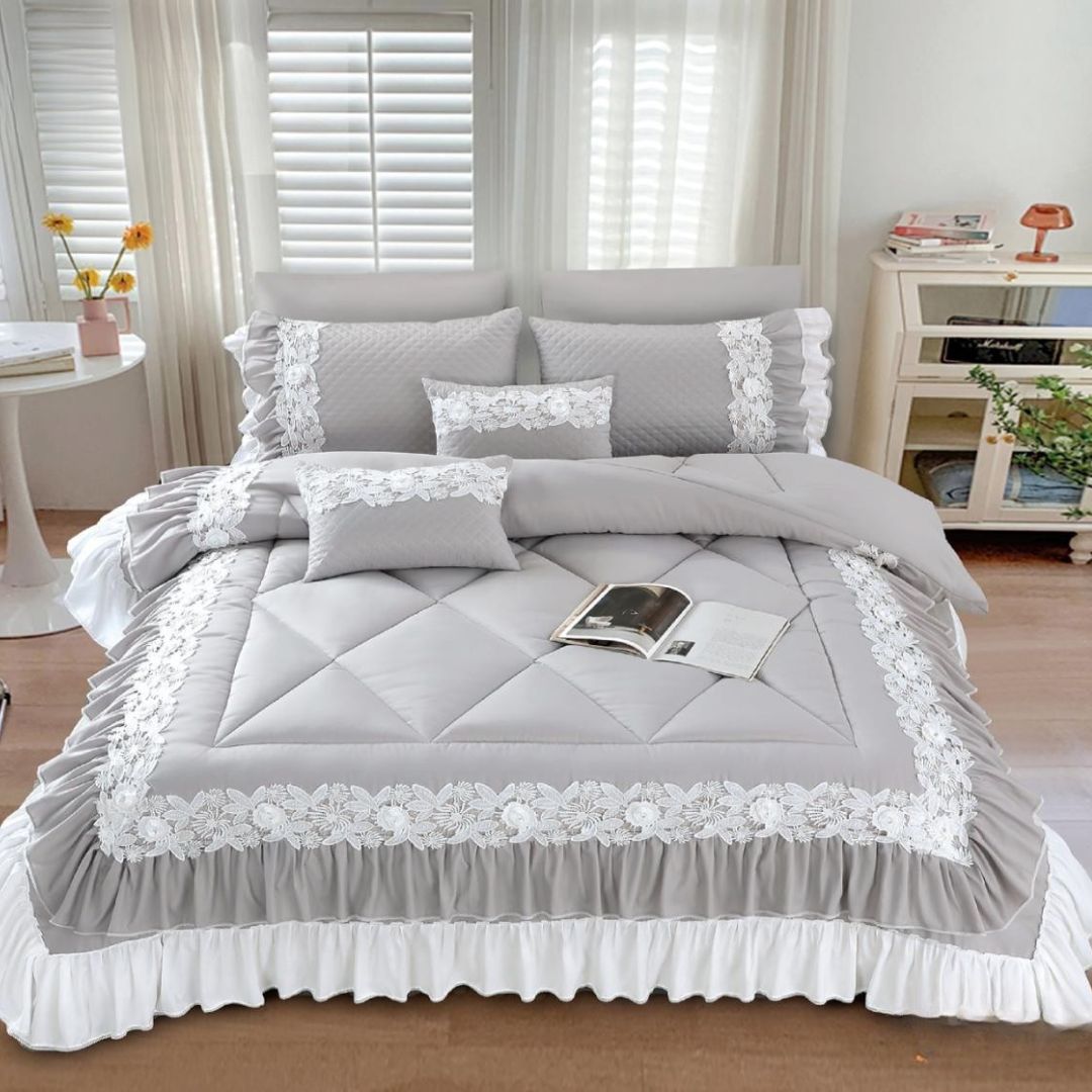 Gray Zayna premium bedding set by The Gharnish, 6-piece imported bedding with soft, comfortable fabric and elegant design.