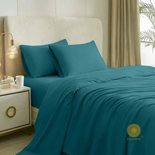 Organic 300 thread count cotton bedsheet from The Gharnish, showcasing smooth, crisp white bedding with subtle folds and soft texture.