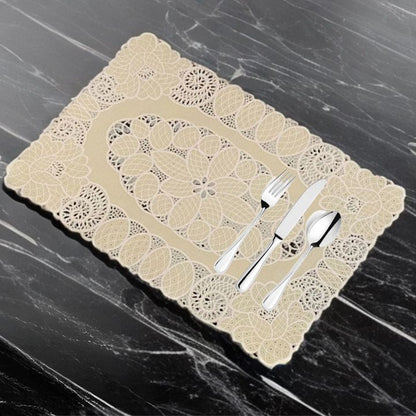 Beautiful designer dining set of mats from The Gharnish, showcasing elegant bedding with intricate patterns and stylish design.
