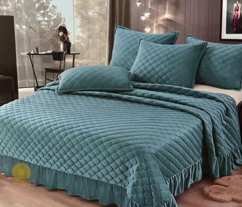 Velvet warm quilted bedcover set with frills from The Gharnish, featuring a beautifully designed bedding style in elegant fabric.
