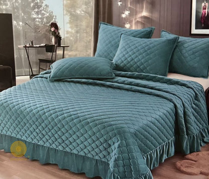 Velvet warm quilted bedcover set with frills from The Gharnish, featuring a beautifully designed bedding style in elegant fabric.
