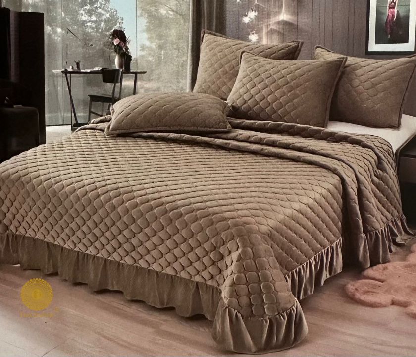 Velvet warm quilted bedcover set with frill details from The Gharnish, featuring a beautifully designed bedding style.