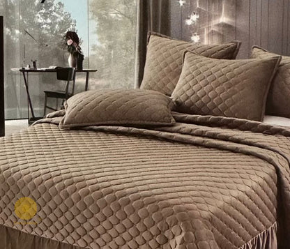 Velvet warm quilted bedcover set with frills, beautifully designed bedding by The Gharnish, perfect for cozy bedroom decor.