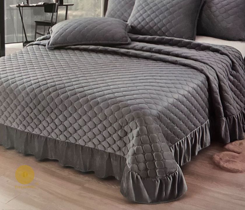 Velvet warm quilted bedcover set with frill design by The Gharnish, stylish bedding for a cozy bedroom decor