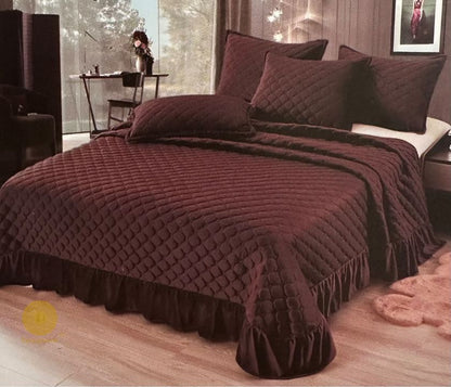 Velvet warm quilted bedcover set with frill detailing, styled in elegant bedding design by The Gharnish.