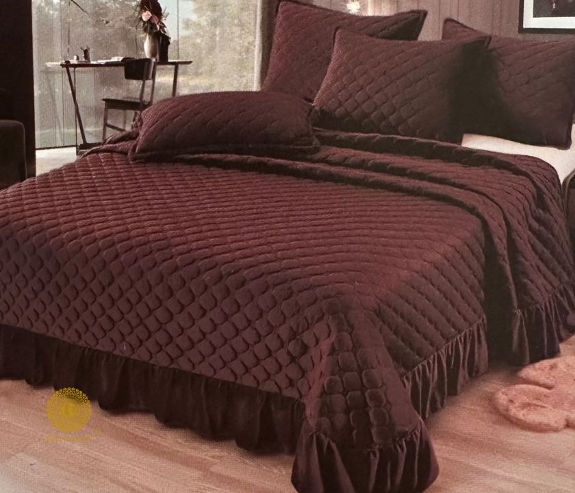 Velvet warm quilted bedcover set with frill details from The Gharnish, featuring a beautifully designed bedding style for cozy comfort.