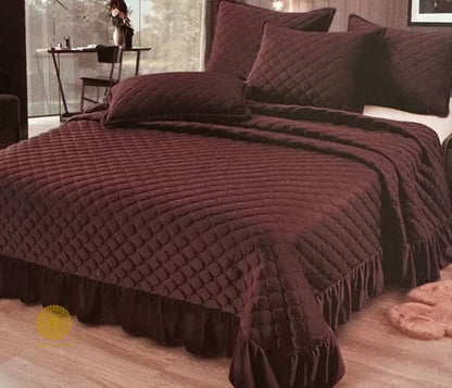 Velvet warm quilted bedcover set with frill details from The Gharnish, featuring a beautifully designed bedding style for cozy comfort.
