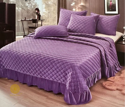 Velvet warm quilted bedcover set with frill design by The Gharnish, showcasing luxurious bedding style and intricate quilting details.