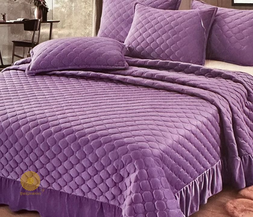 Velvet warm quilted bedcover set with frills by The Gharnish, featuring a beautifully designed bedding style.