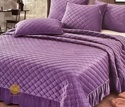 Velvet warm quilted bedcover set with frills by The Gharnish, featuring a beautifully designed bedding style.