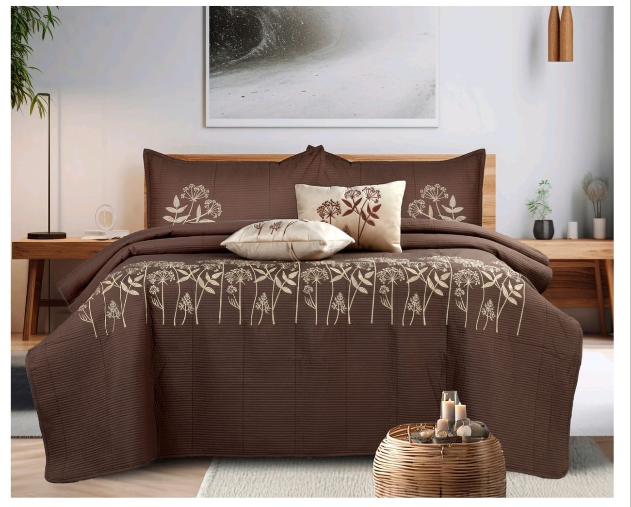 Fern and Petals Quilted Bedding Set of 5 - The Gharnish - A Unit of Satkala Creations