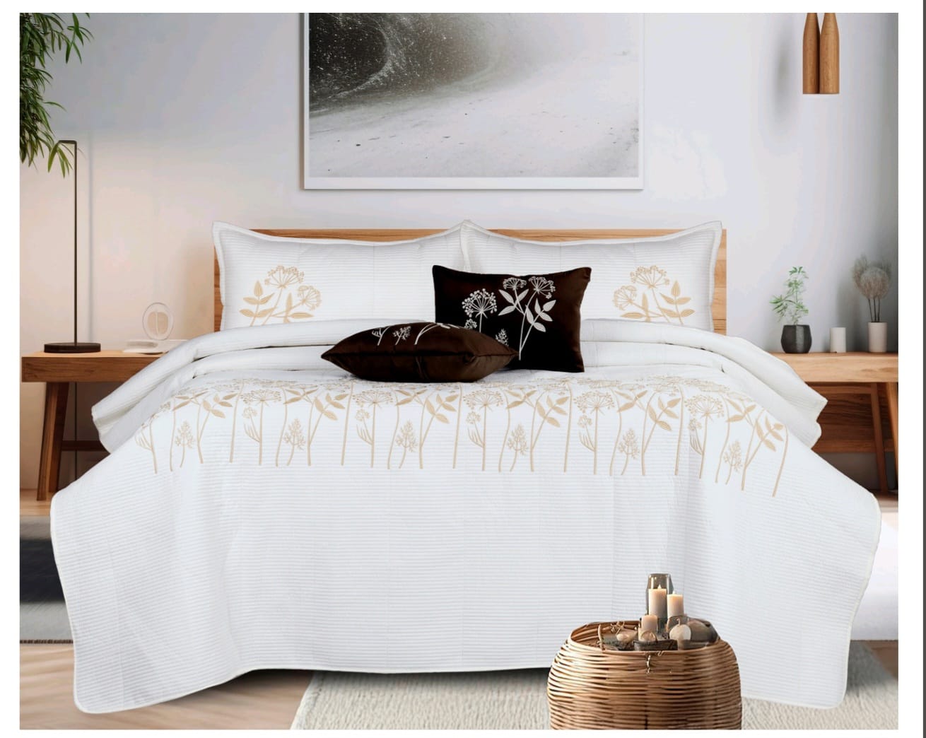 Fern and Petals Quilted Bedding Set of 5 - The Gharnish - A Unit of Satkala Creations