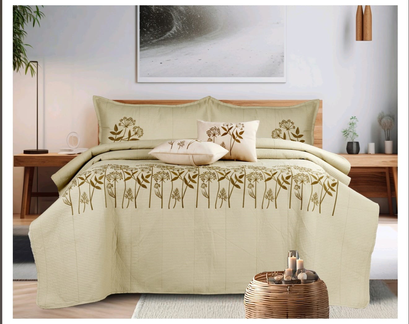 Fern and Petals Quilted Bedding Set of 5 - The Gharnish - A Unit of Satkala Creations