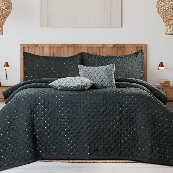Luxury 5-piece quilted bedding set by The Gharnish, includes bedcover, pillow, and cushion covers in elegant design.