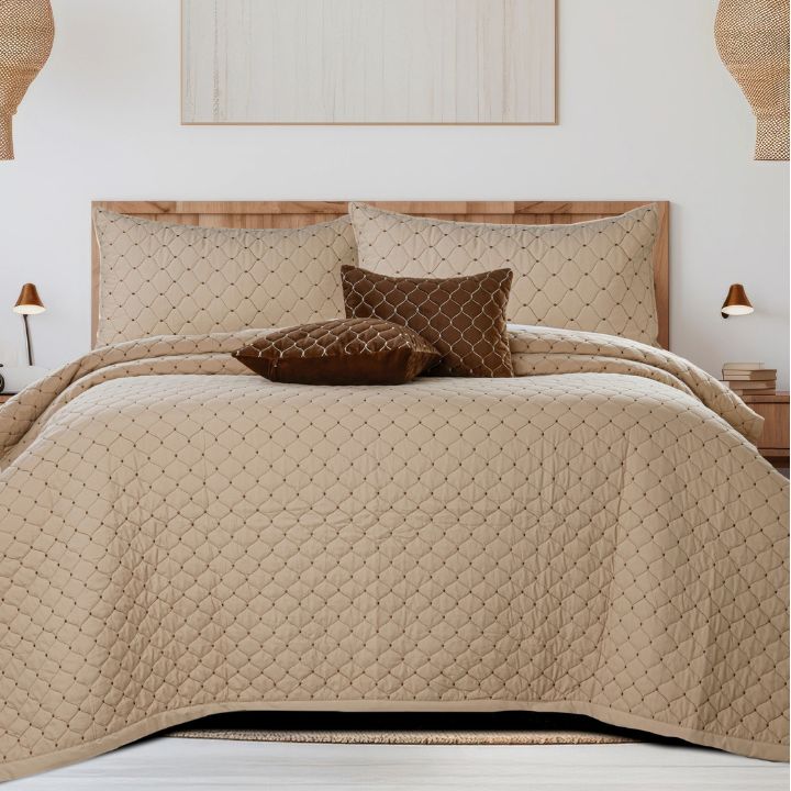Luxury 5-piece quilted bedding set by The Gharnish, including bedcover, pillow, and cushion covers with elegant quilting details.