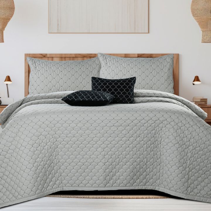 Luxury 5-piece quilted bedding set by The Gharnish includes bedcover, pillow, and cushion covers with elegant design.