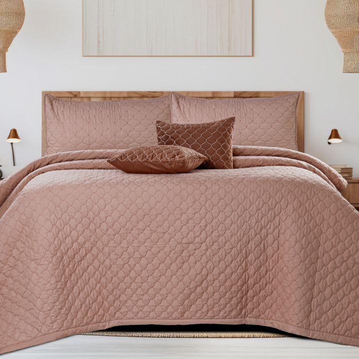 Luxury 5-piece quilted bedding set by The Gharnish, includes bedcover, pillow, and cushion covers with elegant stitching and design.