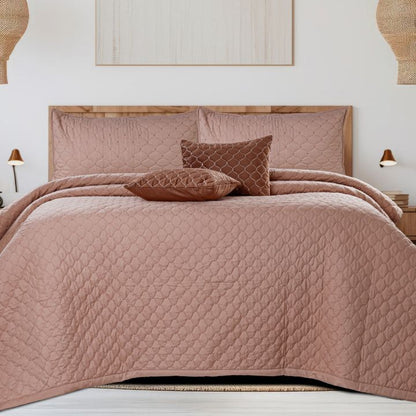 Luxury 5-piece quilted bedding set by The Gharnish, includes bedcover, pillow, and cushion covers with elegant stitching and design.
