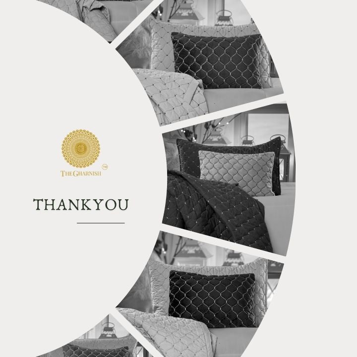 Luxury 5-piece quilted bedding set by The Gharnish, includes bedcover, pillow, and cushion covers with elegant design.