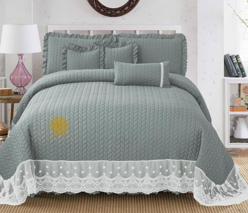 Luxury quilted king size bedding set by The Gharnish, six-piece bedcover set with elegant quilting and decorative patterns.