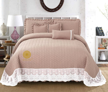Luxury quilted king size bedcover set by The Gharnish, six-piece bedding set with elegant quilted pattern and plush fabric.