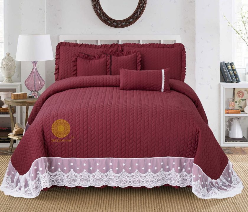Luxury quilted king size bedcover set by The Gharnish, featuring elegant bedding with intricate quilting details.
