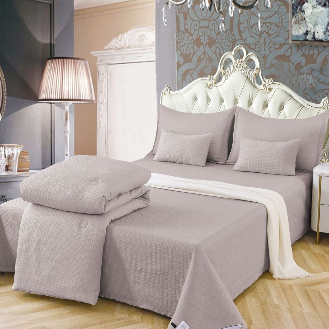 Luxury quilted and patterned 6-piece bedding set by The Gharnish, imported summer collection with elegant design and soft fabric.