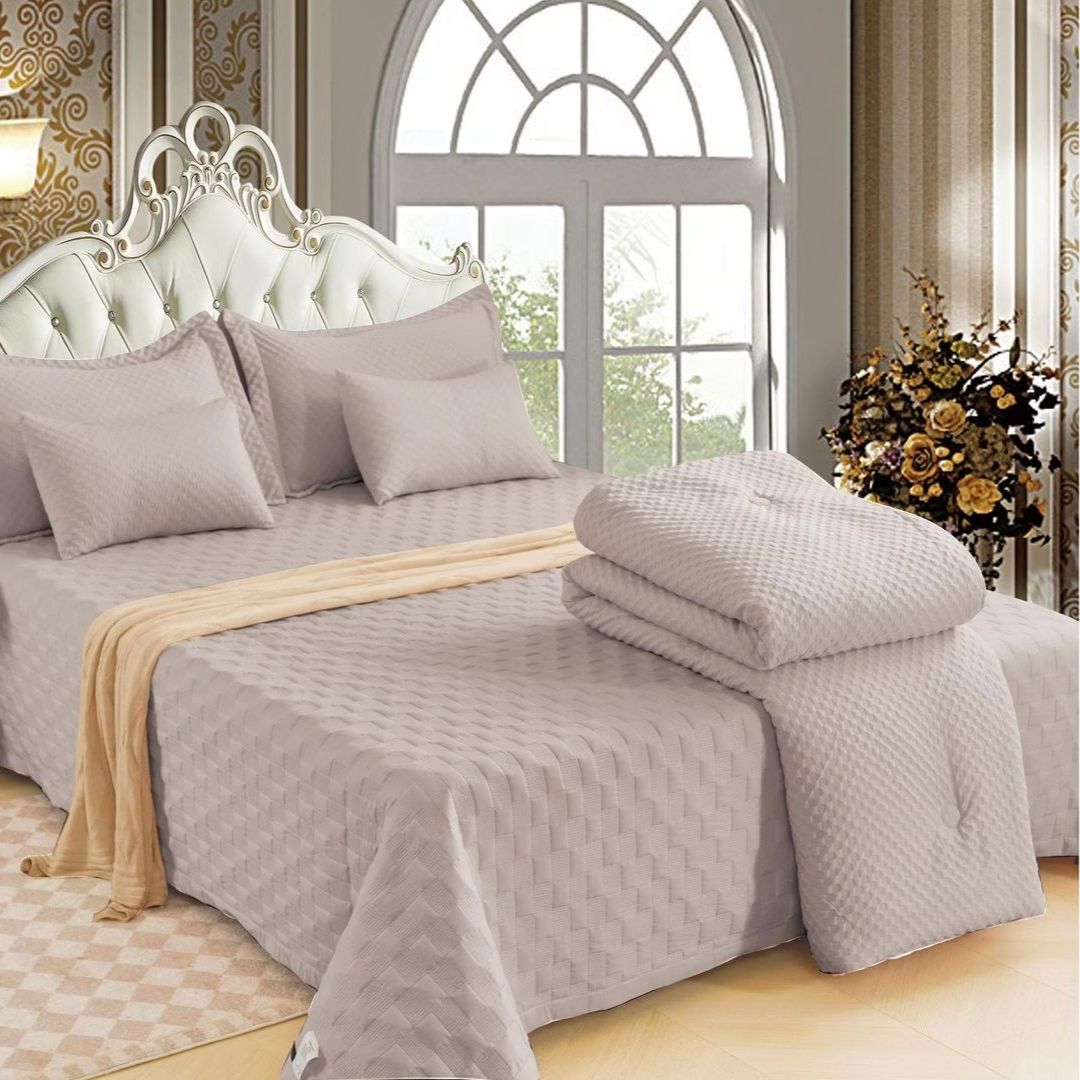 Luxury quilted and patterned 6-piece bedding set by The Gharnish from the imported summer collection, featuring stylish, comfortable bedding.