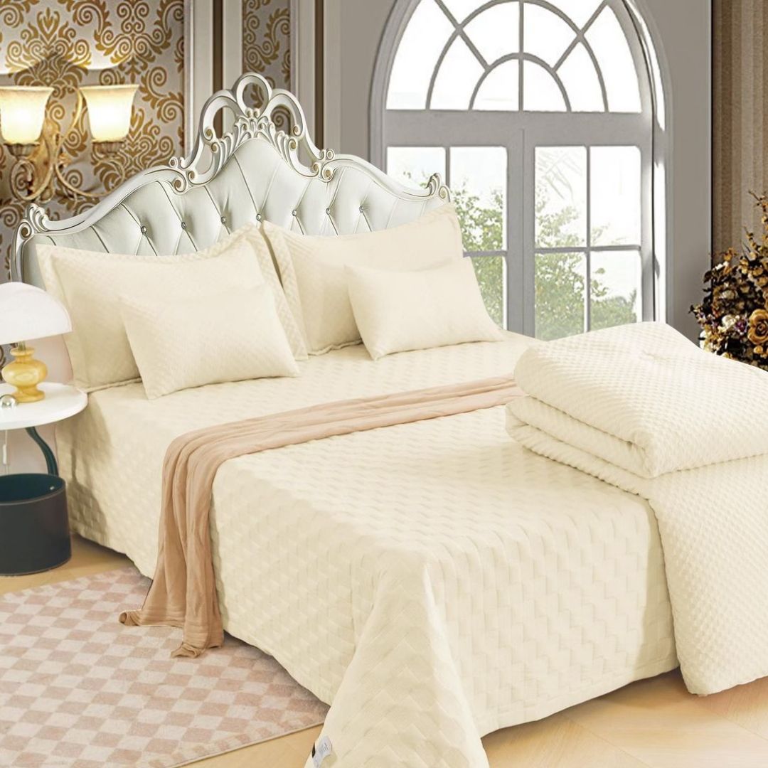 Luxury quilted and patterned 6-piece bedding set by The Gharnish, featuring imported summer collection bedding with elegant design.