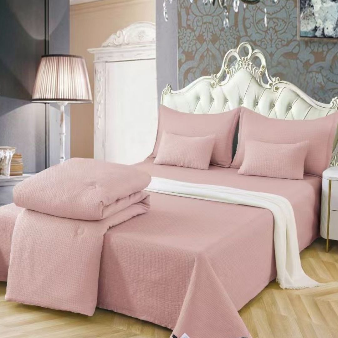 Luxury quilted and patterned 6-piece bedding set by The Gharnish, featuring imported summer collection bedding with elegant design.