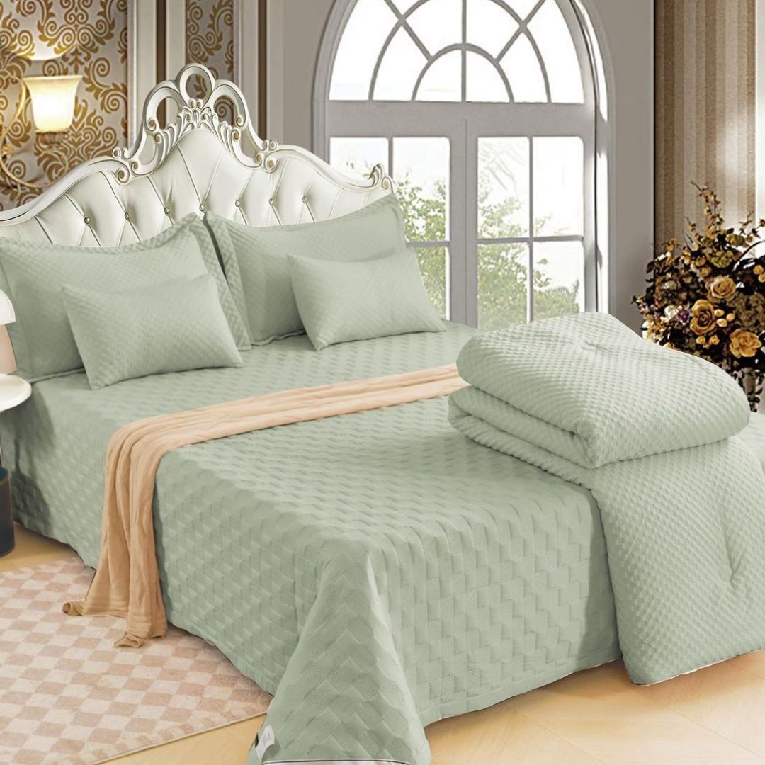 Luxury quilted and patterned 6-piece bedding set by The Gharnish from the imported summer collection, featuring elegant fabric and design.
