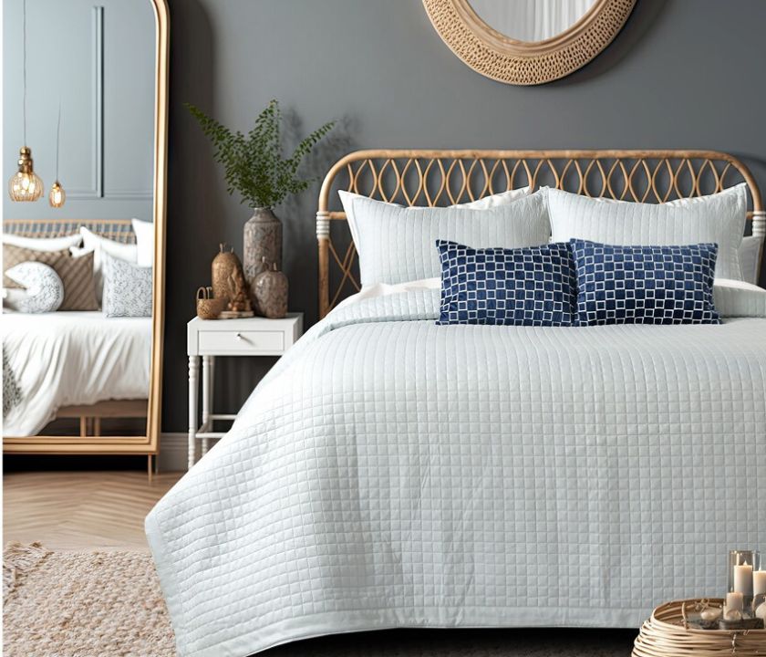 Luxury quilted bedding set by The Gharnish featuring a 6-piece bedcover ensemble with elegant quilting and coordinated pillow shams.