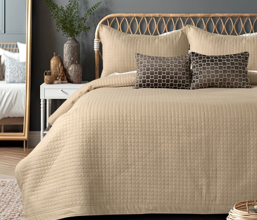 Luxury quilted bedcover 6-piece bedding set by The Gharnish, featuring elegant stitching and plush fabric for a sophisticated bedroom look.