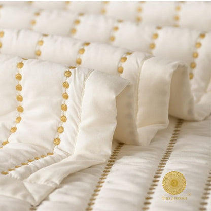 Moon Light Designer Quilted Bedding Set of 5 Pcs by The Gharnish, featuring moon-inspired patterns and soft fabric for a cozy bedroom.