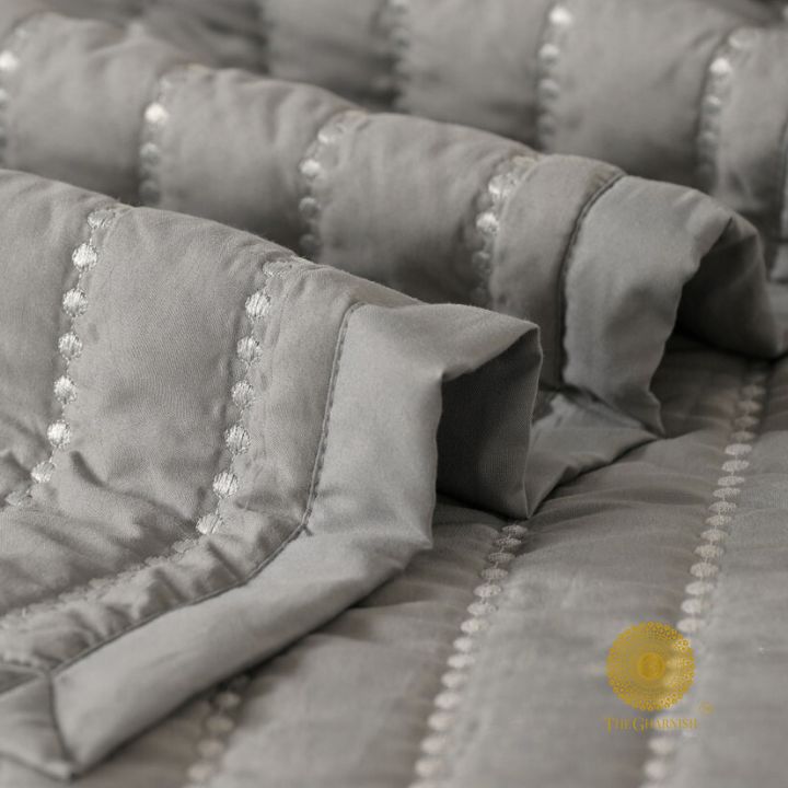Moon Light designer quilted bedding set of 5 pieces from The Gharnish, featuring moon-themed patterns and plush fabric for cozy comfort.