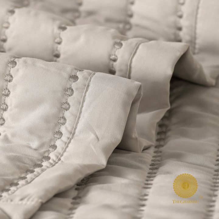 Designer Moon Light quilted bedding set of 5 pcs by The Gharnish, featuring soft bedding with moon light pattern and textured quilting.